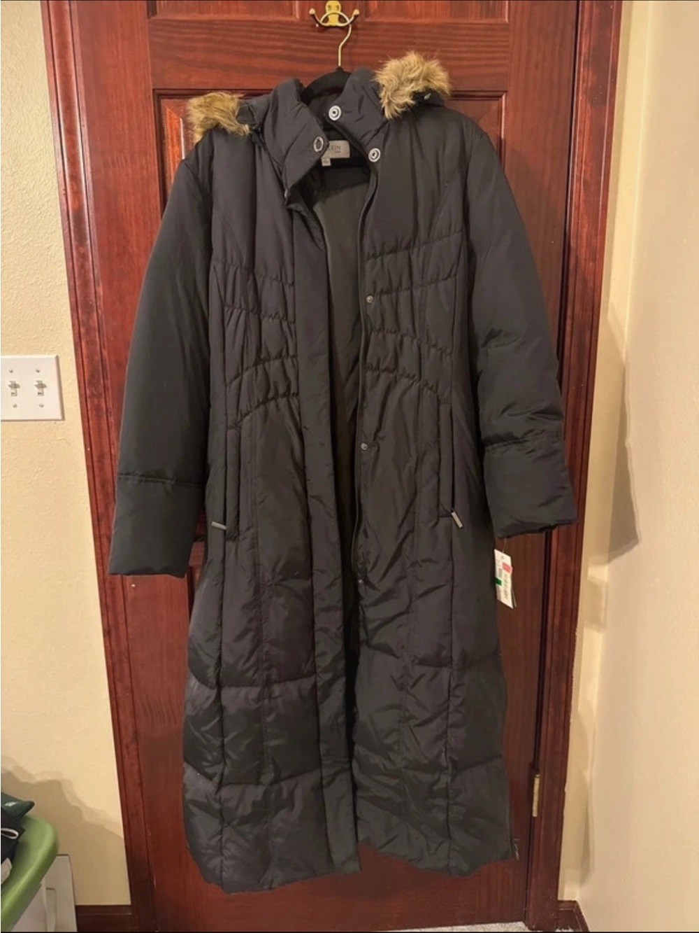 Anne Klein Long Black Puffer Coat with Faux Fur Hood
